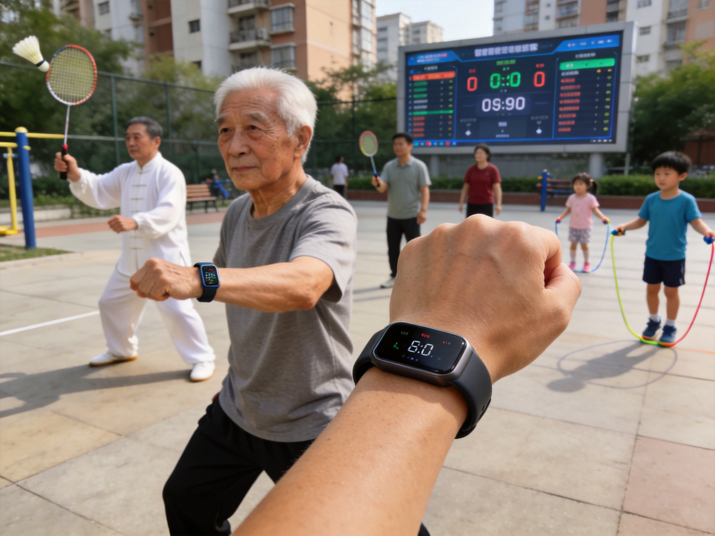 社区体育活动：不同年龄层的居民共同参与户外运动